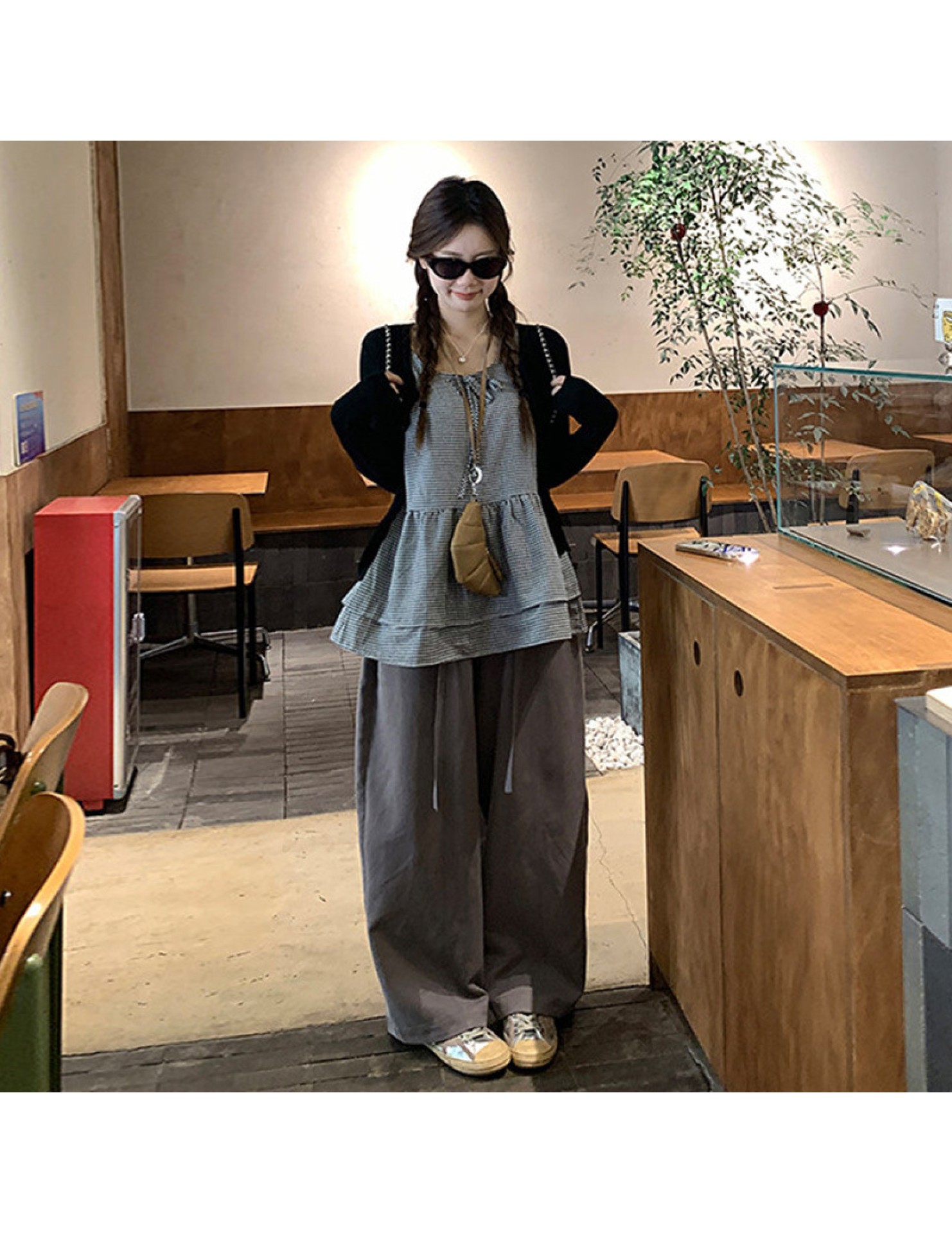 FCTP6417100001 韓系少女感疊穿兩件套女純色圓領針織開衫蝴蝶結系帶格紋背心 