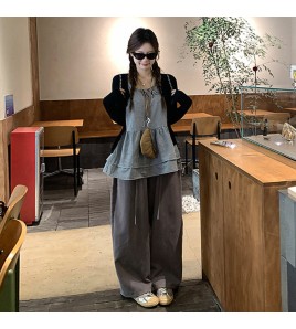 FCTP6417100001 韓系少女感疊穿兩件套女純色圓領針織開衫蝴蝶結系帶格紋背心 