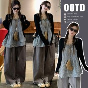 FCTP6417100001 韓系少女感疊穿兩件套女純色圓領針織開衫蝴蝶結系帶格紋背心 