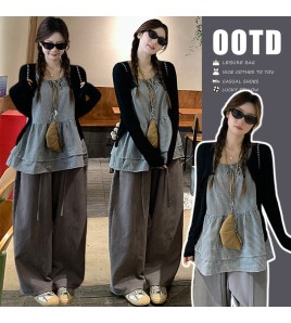 FCTP6417100001 韓系少女感疊穿兩件套女純色圓領針織開衫蝴蝶結系帶格紋背心 