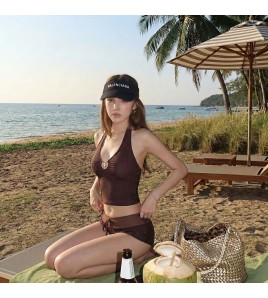 HSPN6416100001 Caramel hottie sexy hottie halter neck strap brown polka dot split vacation swimsuit casual