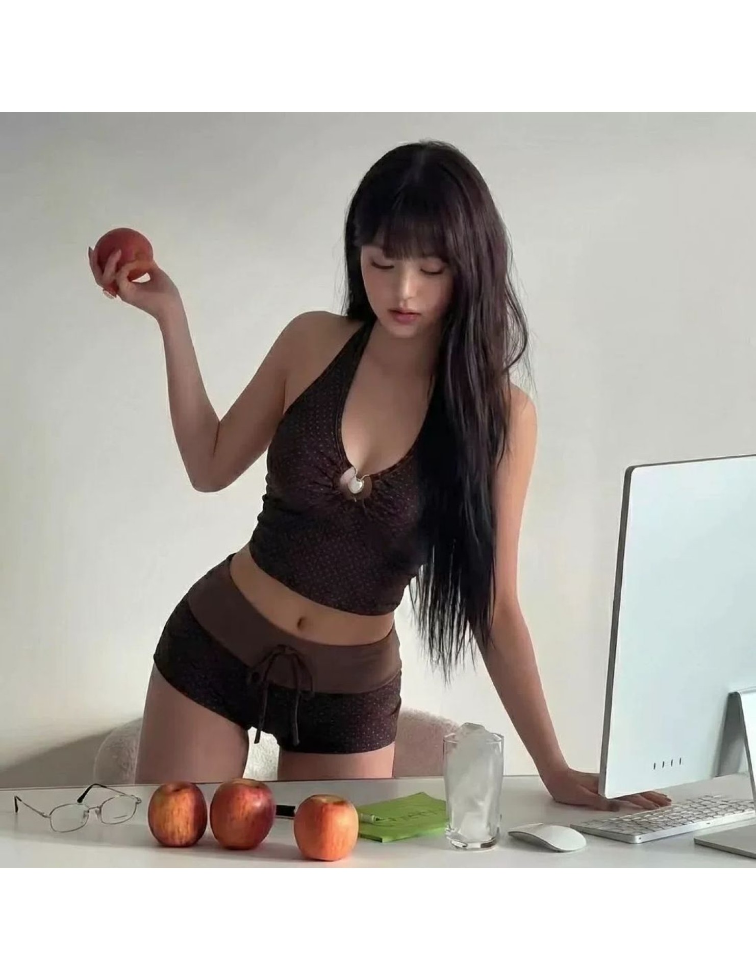 HSPN6416100001 焦糖辣妹感辣妹掛脖綁帶棕色波點分體度假泳衣休閑 