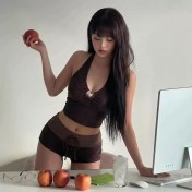 HSPN6416100001 焦糖辣妹感辣妹掛脖綁帶棕色波點分體度假泳衣休閑 