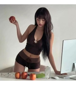 HSPN6416100001 焦糖辣妹感辣妹掛脖綁帶棕色波點分體度假泳衣休閑 