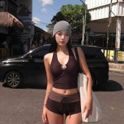 HSPN6416100001 焦糖辣妹感辣妹掛脖綁帶棕色波點分體度假泳衣休閑 