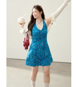 FCCB6421001 大碼顯瘦碎花洋裝海邊度假風夏日漂亮掛脖裙