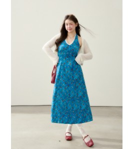 FCCB6421001 大碼顯瘦碎花洋裝海邊度假風夏日漂亮掛脖裙