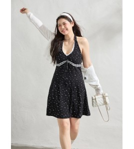 FCCB6421002 大碼法式顯瘦蕾絲花邊碎花裙掛脖連衣閨蜜裙