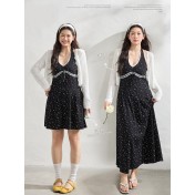 FCCB6421002 大碼法式顯瘦蕾絲花邊碎花裙掛脖連衣閨蜜裙