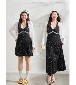 FCCB6421002 大碼法式顯瘦蕾絲花邊碎花裙掛脖連衣閨蜜裙
