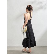 FCCB6421002 大碼法式顯瘦蕾絲花邊碎花裙掛脖連衣閨蜜裙