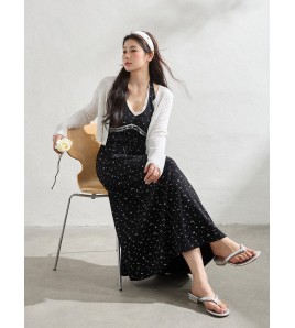 FCCB6421002 大碼法式顯瘦蕾絲花邊碎花裙掛脖連衣閨蜜裙