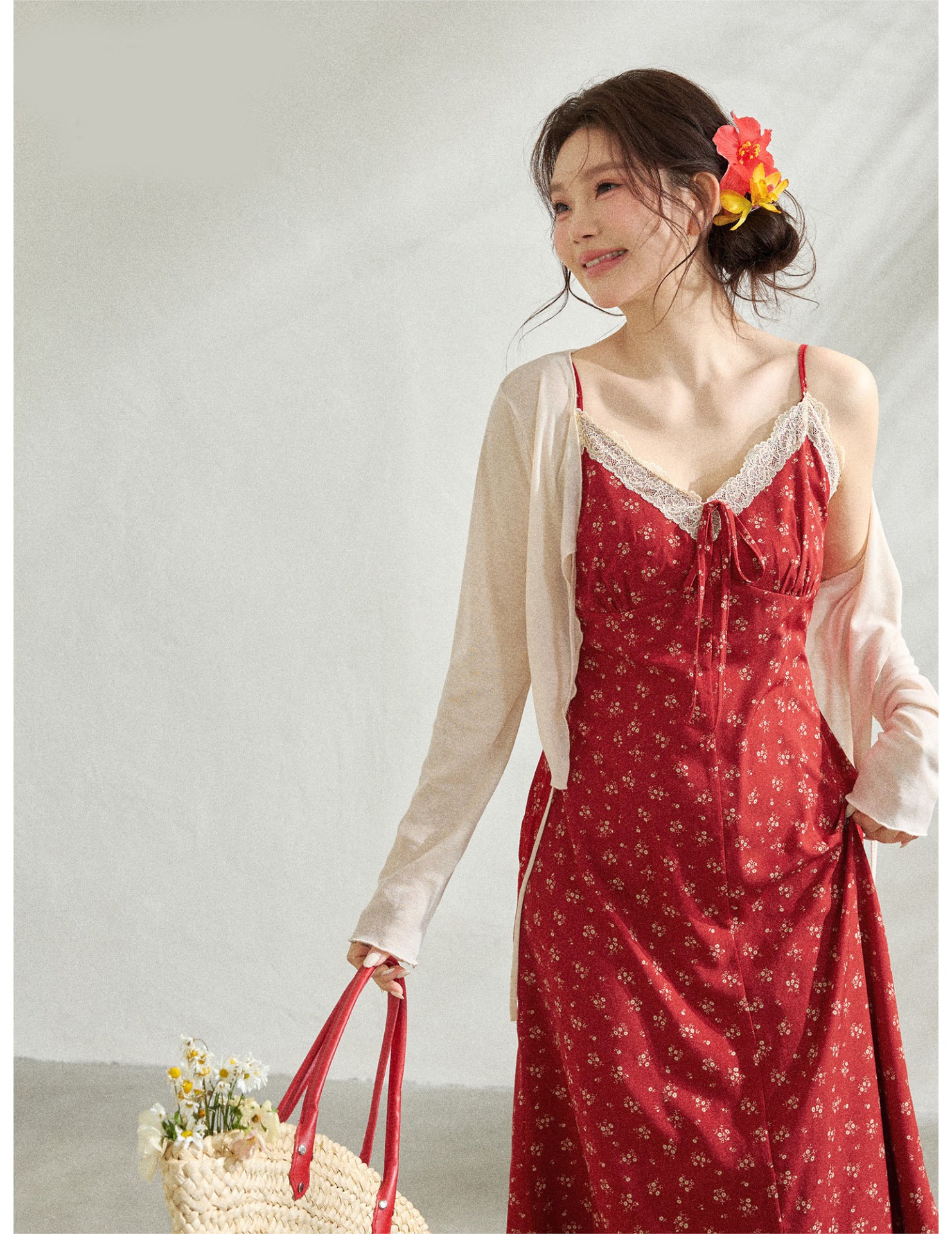 FCCB6421003 大碼碎花吊帶裙開襟衫套裝法式度假風遮肚顯瘦海邊出遊