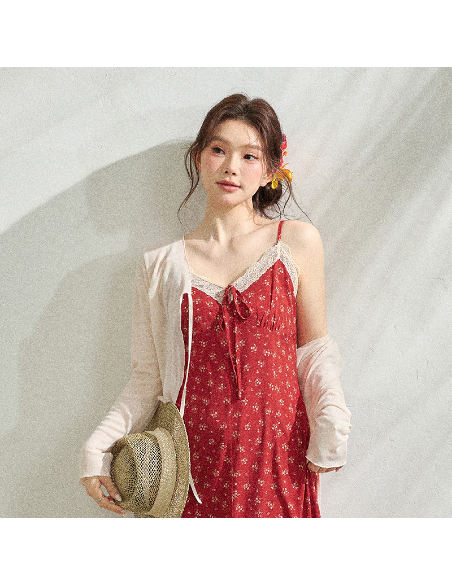 FCCB6421003 大碼碎花吊帶裙開襟衫套裝法式度假風遮肚顯瘦海邊出遊