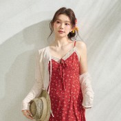 FCCB6421003 大碼碎花吊帶裙開襟衫套裝法式度假風遮肚顯瘦海邊出遊