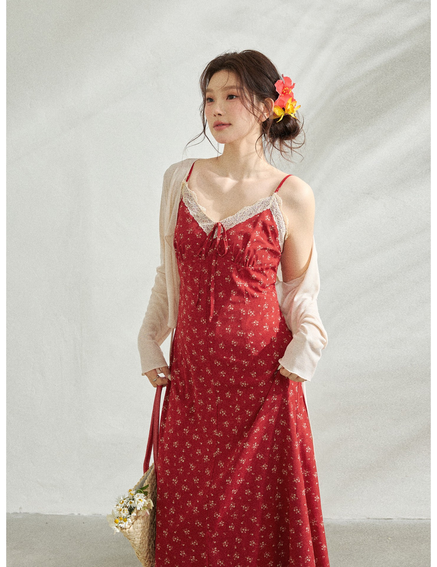 FCCB6421003 大碼碎花吊帶裙開襟衫套裝法式度假風遮肚顯瘦海邊出遊