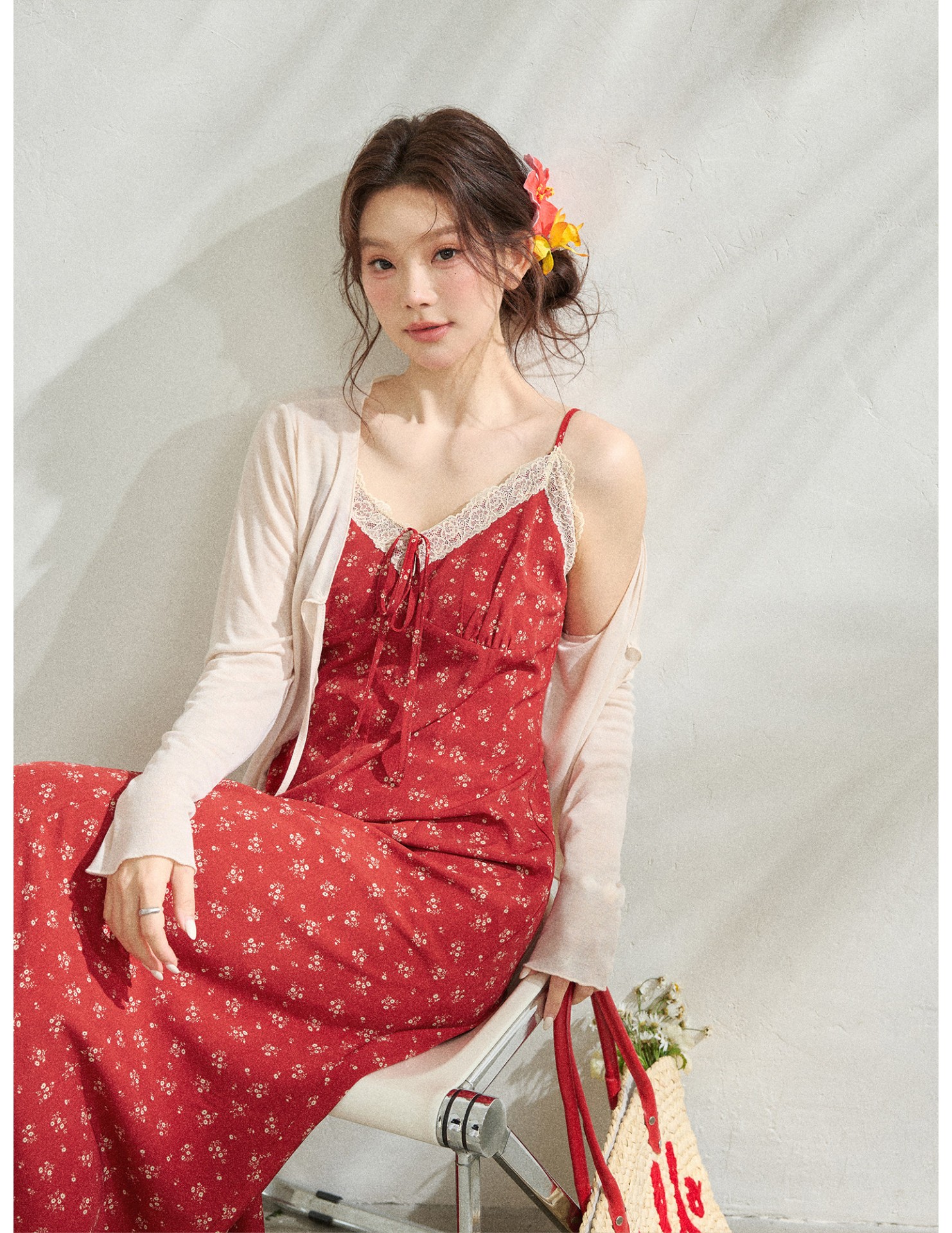 FCCB6421003 大碼碎花吊帶裙開襟衫套裝法式度假風遮肚顯瘦海邊出遊