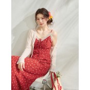 FCCB6421003 大碼碎花吊帶裙開襟衫套裝法式度假風遮肚顯瘦海邊出遊