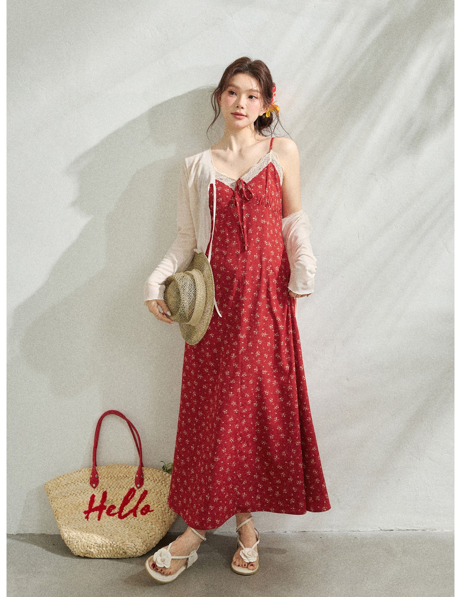 FCCB6421003 大碼碎花吊帶裙開襟衫套裝法式度假風遮肚顯瘦海邊出遊