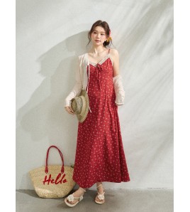 FCCB6421003 大碼碎花吊帶裙開襟衫套裝法式度假風遮肚顯瘦海邊出遊