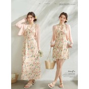 FCCB6421004 瘦浪漫度假掛脖v領碎花度假連身裙套裝
