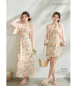 FCCB6421004 瘦浪漫度假掛脖v領碎花度假連身裙套裝