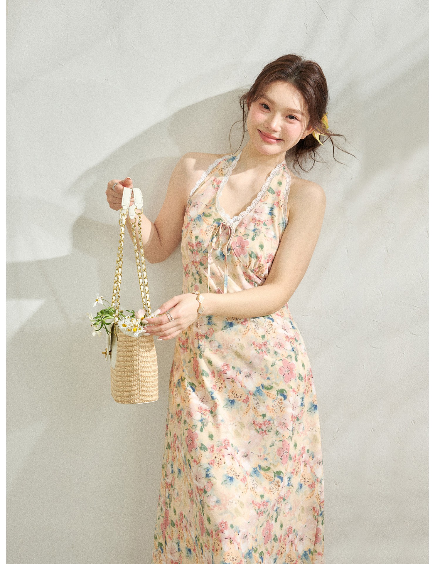 FCCB6421004 瘦浪漫度假掛脖v領碎花度假連身裙套裝