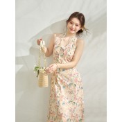 FCCB6421004 瘦浪漫度假掛脖v領碎花度假連身裙套裝