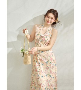 FCCB6421004 瘦浪漫度假掛脖v領碎花度假連身裙套裝