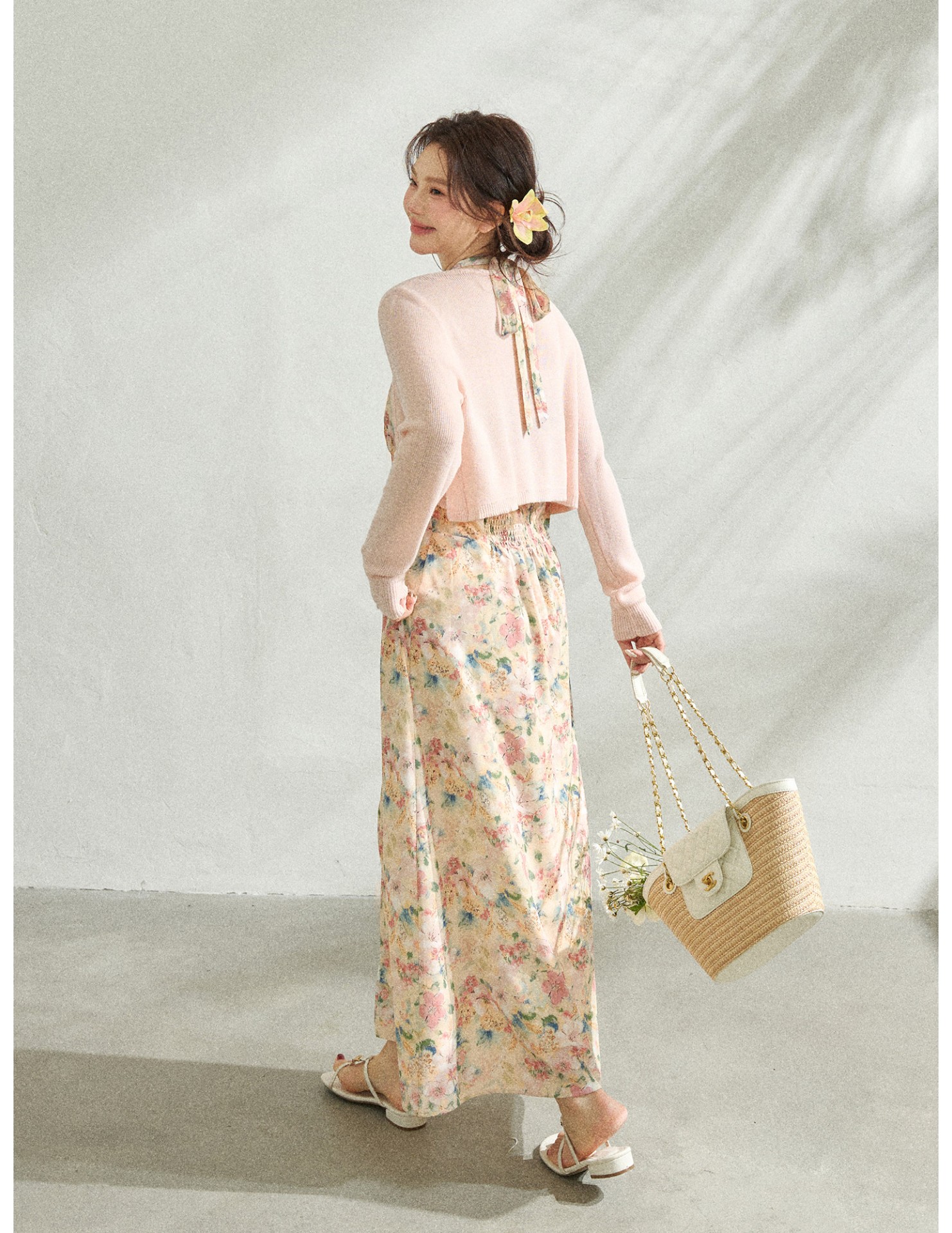 FCCB6421004 瘦浪漫度假掛脖v領碎花度假連身裙套裝