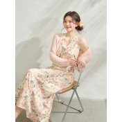 FCCB6421004 瘦浪漫度假掛脖v領碎花度假連身裙套裝