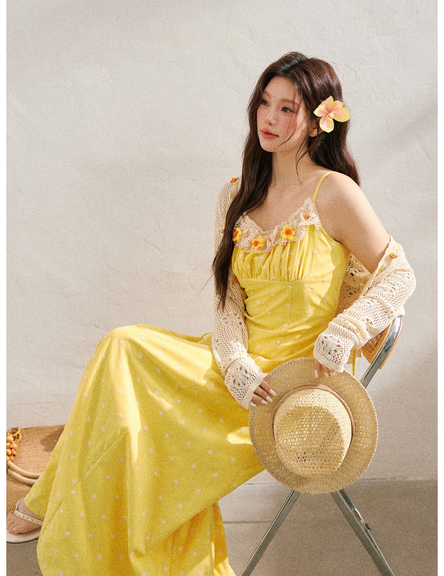 FCCB6421005  鏤空針織上衣度假風海邊碎花洋裝夏