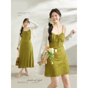 FCCB6421006 瘦高腰橄欖綠吊帶裙遮肚白開襟衫兩件套