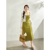 FCCB6421006 瘦高腰橄欖綠吊帶裙遮肚白開襟衫兩件套