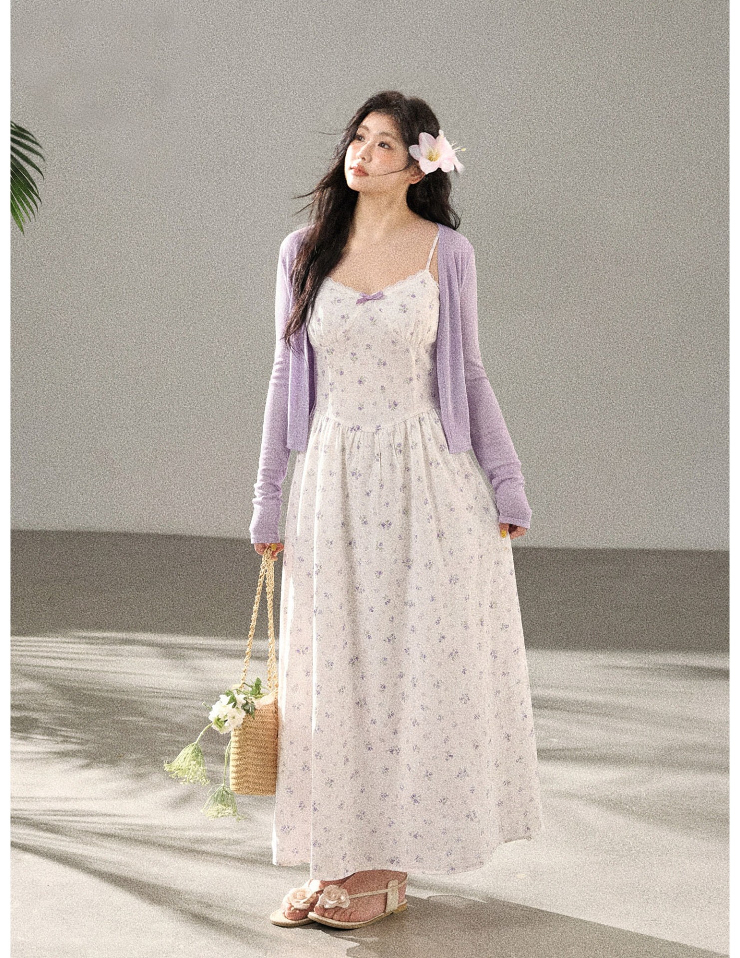 FCCB6421007 大碼韓系顯瘦碎花吊帶長裙外搭防曬針織開襟衫兩件套