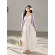 FCCB6421007 大碼韓系顯瘦碎花吊帶長裙外搭防曬針織開襟衫兩件套