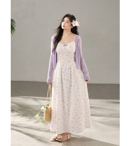 FCCB6421007 大碼韓系顯瘦碎花吊帶長裙外搭防曬針織開襟衫兩件套