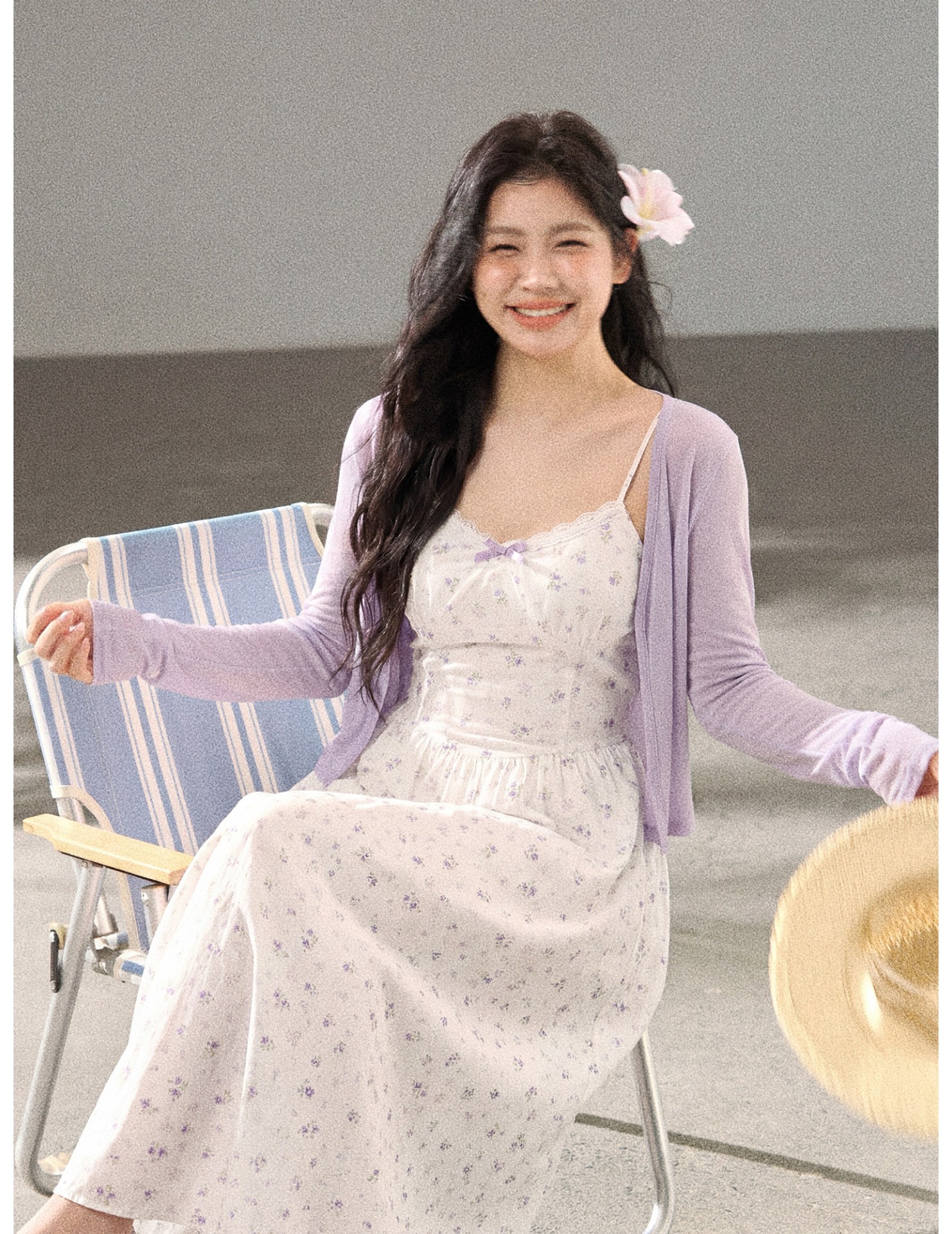 FCCB6421007 大碼韓系顯瘦碎花吊帶長裙外搭防曬針織開襟衫兩件套