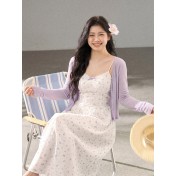 FCCB6421007 大碼韓系顯瘦碎花吊帶長裙外搭防曬針織開襟衫兩件套