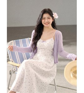 FCCB6421007 大碼韓系顯瘦碎花吊帶長裙外搭防曬針織開襟衫兩件套