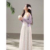 FCCB6421007 大碼韓系顯瘦碎花吊帶長裙外搭防曬針織開襟衫兩件套