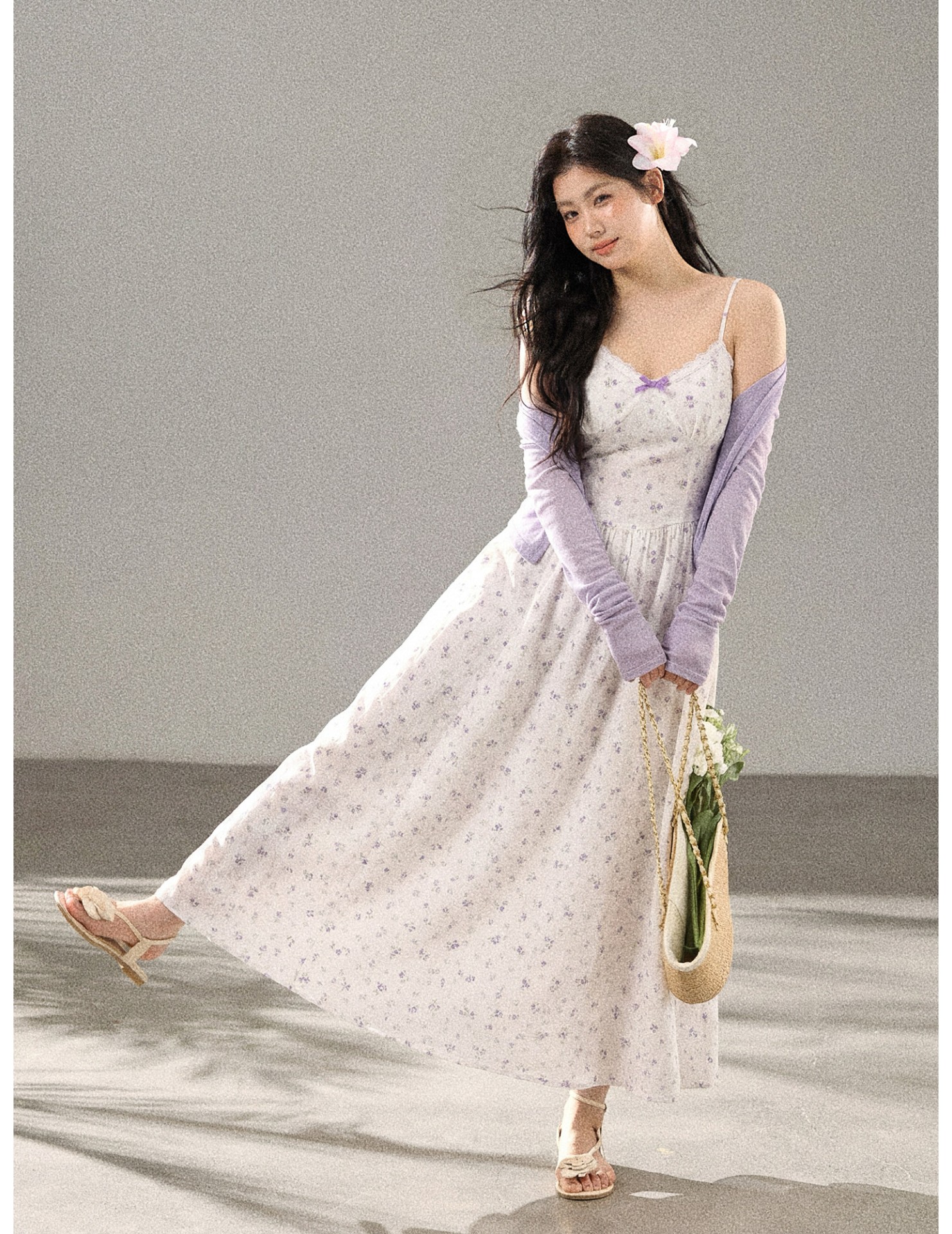 FCCB6421007 大碼韓系顯瘦碎花吊帶長裙外搭防曬針織開襟衫兩件套