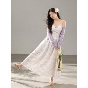 FCCB6421007 大碼韓系顯瘦碎花吊帶長裙外搭防曬針織開襟衫兩件套