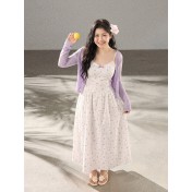 FCCB6421007 大碼韓系顯瘦碎花吊帶長裙外搭防曬針織開襟衫兩件套