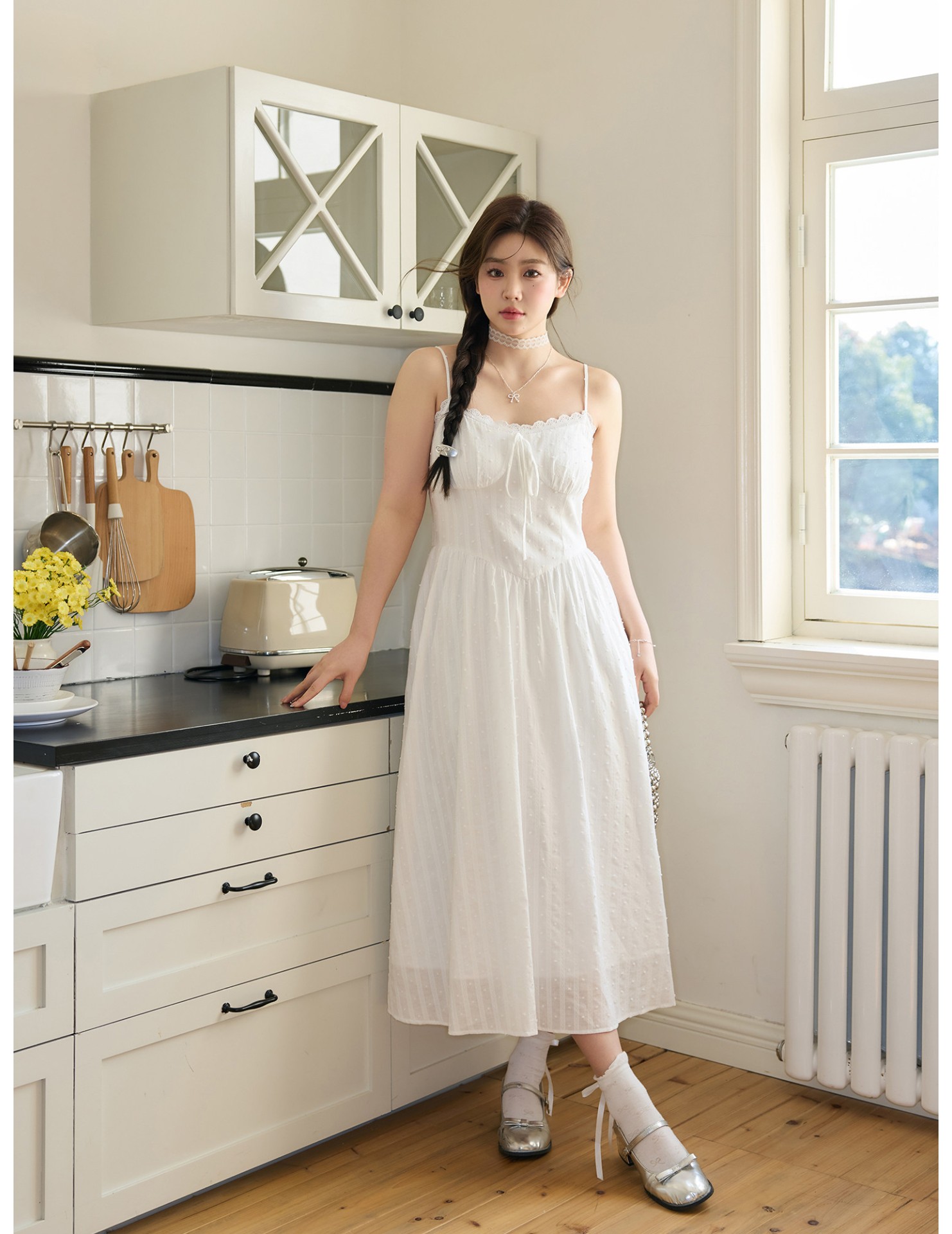 FCCB6421008 春季新款大碼女裝顯瘦洋裝清純溫柔風白色吊帶裙