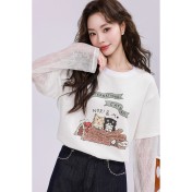 FCPS6423001 卡通印花假兩件t卹女2026夏季新款蕾絲拼接上衣