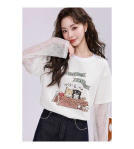 FCPS6423001 卡通印花假兩件t卹女2026夏季新款蕾絲拼接上衣