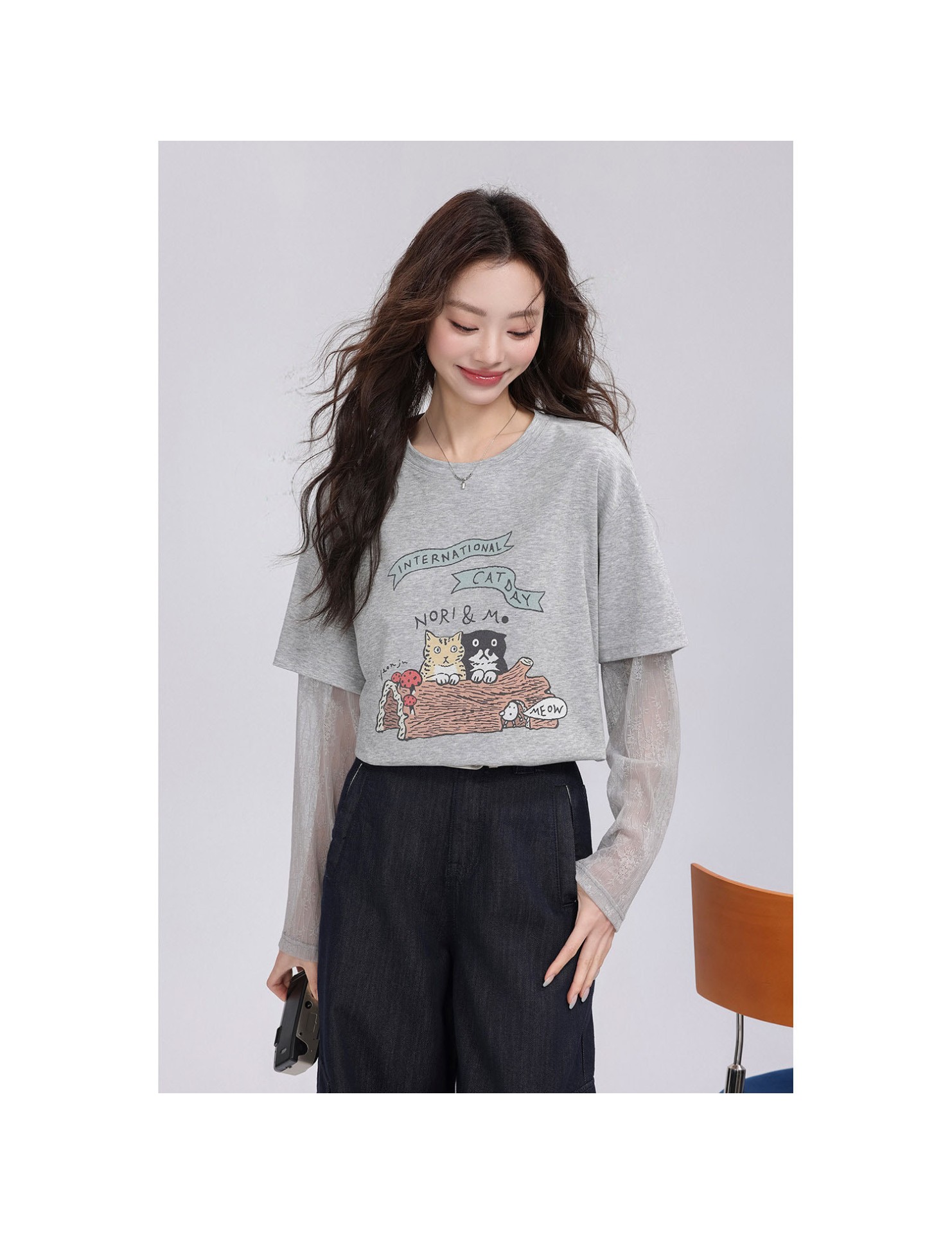 FCPS6423001 卡通印花假兩件t卹女2026夏季新款蕾絲拼接上衣