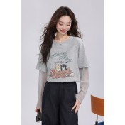 FCPS6423001 卡通印花假兩件t卹女2026夏季新款蕾絲拼接上衣