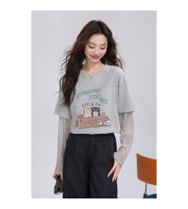 FCPS6423001 卡通印花假兩件t卹女2026夏季新款蕾絲拼接上衣